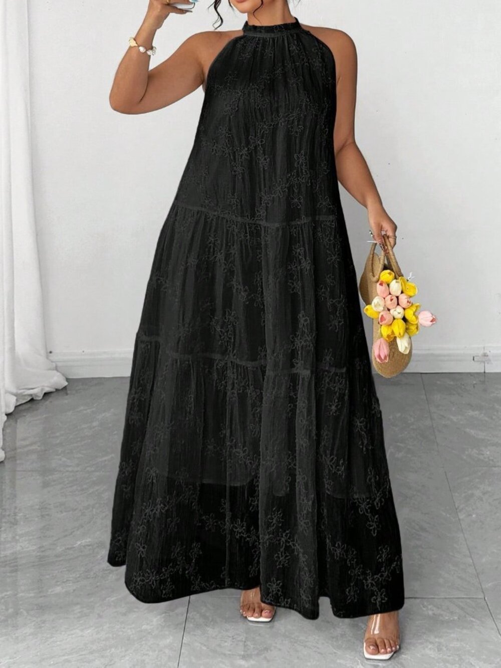 Black Casual Women's Plus Size Stand Collar Sleeveless Loose Elegant Dress